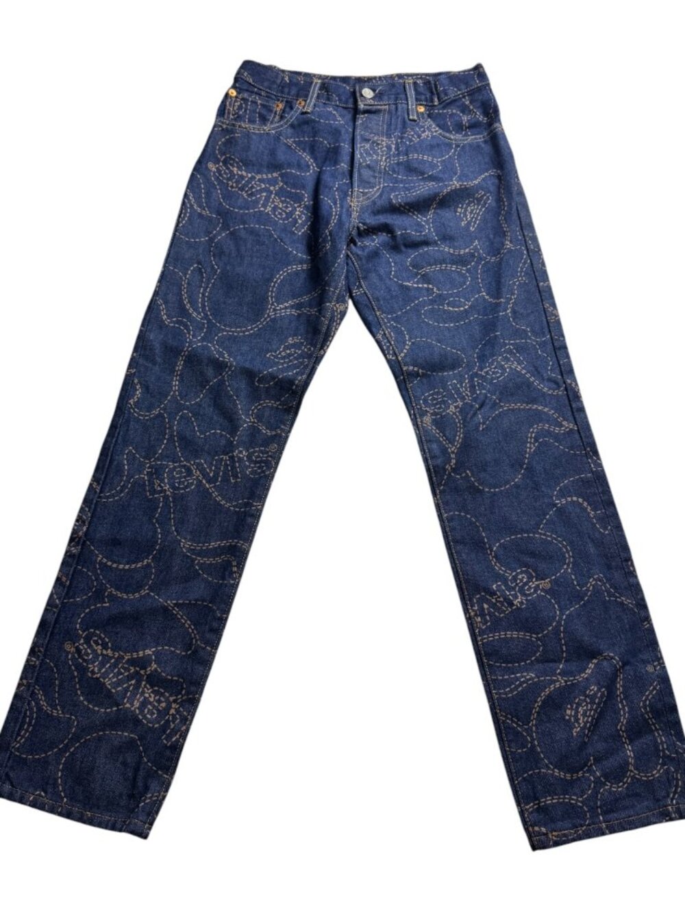 🔥 👖 BAPE x Levi’s 501 ’93 Blue Denim "Camo" Jeans NWOT 30x32 | Measured 29x30